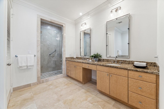 full bath featuring a stall shower, ornamental molding, double vanity, and recessed lighting