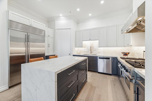 kitchen with premium appliances, extractor fan, a sink, light wood finished floors, and ornamental molding