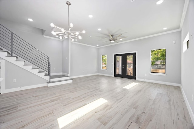 unfurnished living room featuring crown molding, recessed lighting, a chandelier, baseboards, and stairway