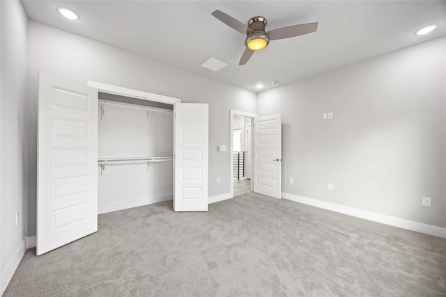 unfurnished bedroom with carpet, recessed lighting, a closet, baseboards, and ceiling fan