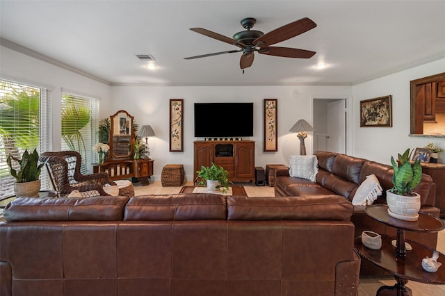 104 Smith Ln, League City, TX 77573 - living room with ceiling fan and crown molding