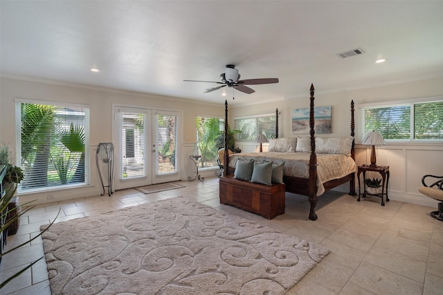 104 Smith Ln, League City, TX 77573 - bedroom with crown molding, access to exterior, multiple windows, recessed lighting, and light tile patterned flooring