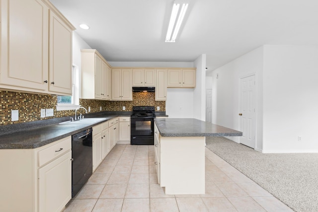 21214 Peachvine Ln, Tomball, TX 77375 - kitchen with black appliances, dark countertops, cream cabinetry, decorative backsplash, and a kitchen island