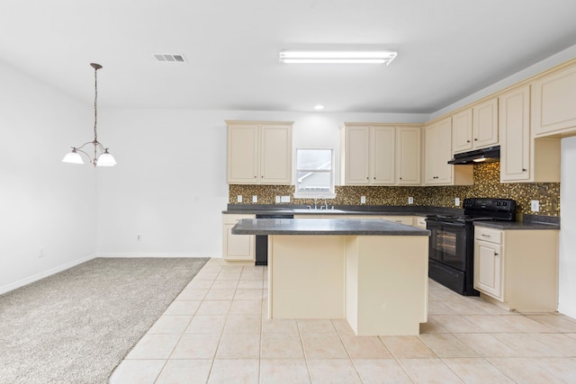21214 Peachvine Ln, Tomball, TX 77375 - kitchen featuring electric range, cream cabinets, under cabinet range hood, and dark countertops