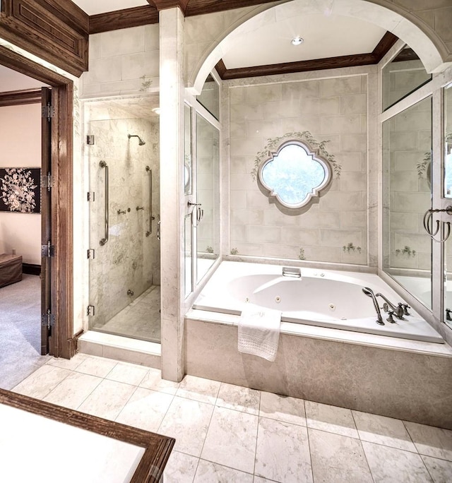 8618 Stable Crest Blvd, Houston, TX 77024 - bathroom with a shower stall, a tub with jets, and crown molding