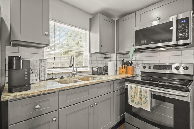 223 Adams St, Houston, TX 77011 - kitchen featuring appliances with stainless steel finishes, a sink, gray cabinetry, and backsplash