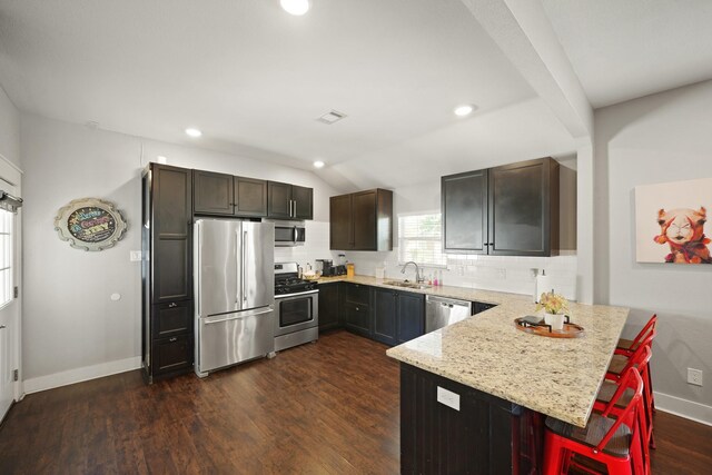 223 Adams St, Houston, TX 77011 - kitchen with appliances with stainless steel finishes, a peninsula, a sink, tasteful backsplash, and recessed lighting