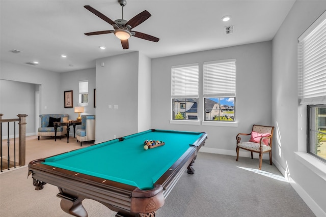 24906 Gingerbush Ln, Tomball, TX 77375 - game room with carpet floors, ceiling fan, billiards, baseboards, and recessed lighting