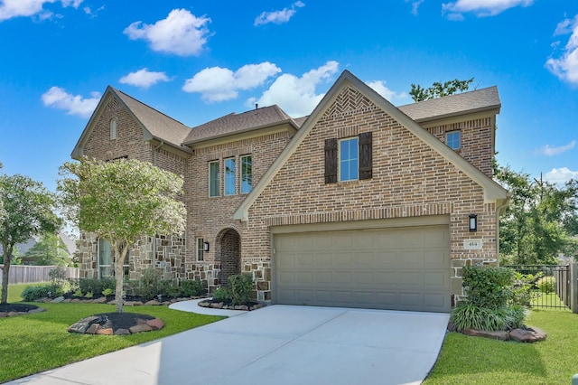 view of front facade featuring brick siding, concrete driveway, a shingled roof, and an attached garage