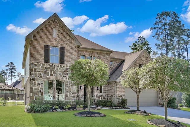 view of front facade with stone siding, brick siding, concrete driveway, roof with shingles, and a garage