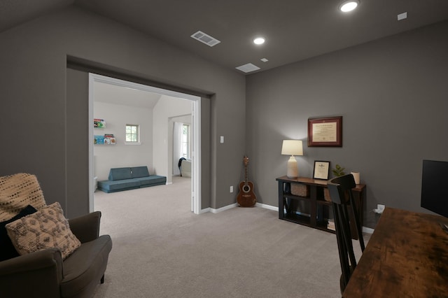 office space featuring carpet floors, baseboards, recessed lighting, and lofted ceiling