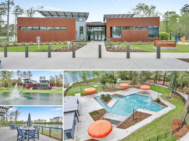 view of swimming pool with a water view