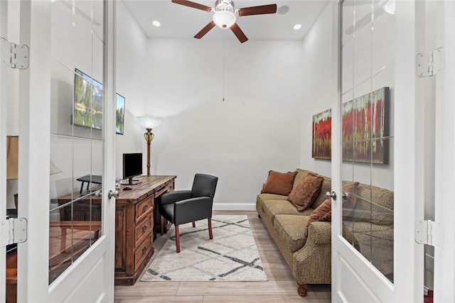 907 Falcon Hollow Ln, Pinehurst, TX 77362 - office area with light wood-style floors, a ceiling fan, recessed lighting, baseboards, and french doors