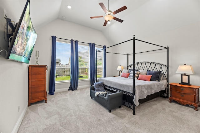 907 Falcon Hollow Ln, Pinehurst, TX 77362 - carpeted bedroom with vaulted ceiling, baseboards, and ceiling fan