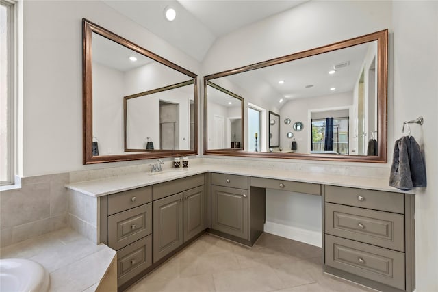 907 Falcon Hollow Ln, Pinehurst, TX 77362 - bathroom with vanity, recessed lighting, tile patterned flooring, and a tub to relax in
