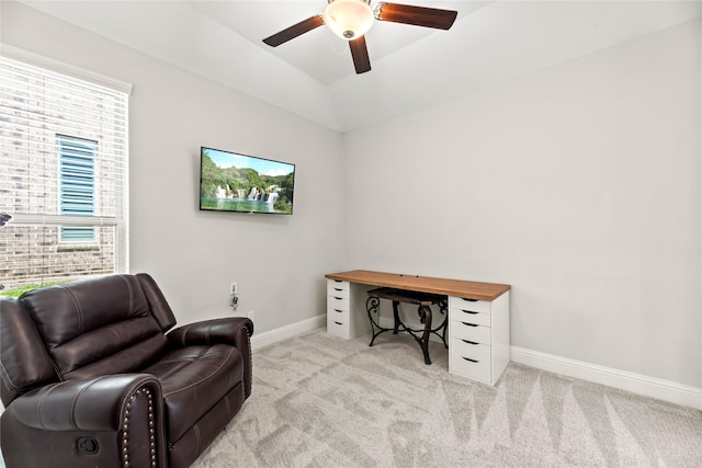 907 Falcon Hollow Ln, Pinehurst, TX 77362 - carpeted office with a ceiling fan, baseboards, and lofted ceiling