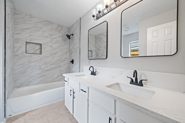 bathroom featuring bathing tub / shower combination, double vanity, and tile patterned flooring