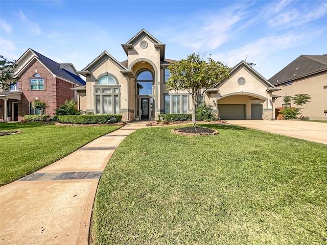 13830 Campwood Ln, Cypress, TX 77429 - view of front of house with stucco siding, a front yard, concrete driveway, and a garage