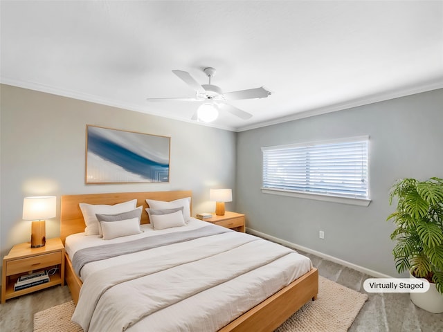 13830 Campwood Ln, Cypress, TX 77429 - bedroom with baseboards, ornamental molding, and a ceiling fan
