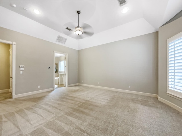 13830 Campwood Ln, Cypress, TX 77429 - unfurnished room with light carpet, a ceiling fan, vaulted ceiling, baseboards, and a smoke detector
