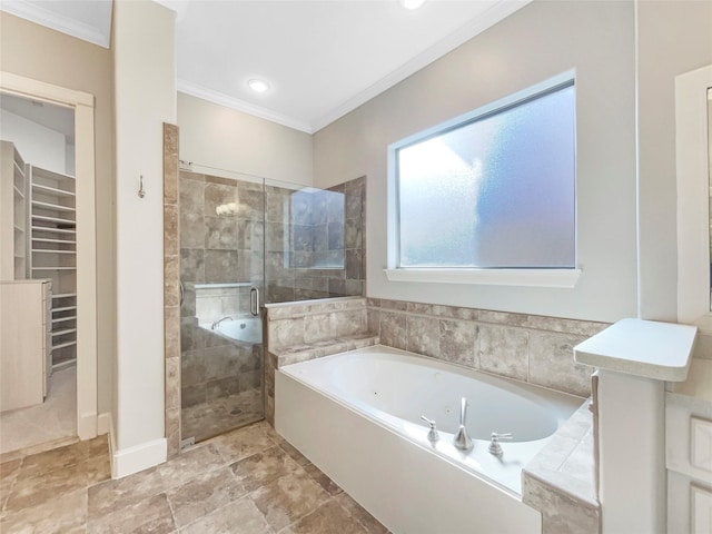 13830 Campwood Ln, Cypress, TX 77429 - bathroom with ornamental molding, a stall shower, a jetted tub, and a spacious closet