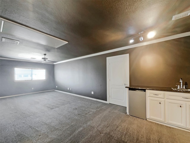 13830 Campwood Ln, Cypress, TX 77429 - unfurnished room featuring attic access, crown molding, light carpet, a sink, and a textured ceiling