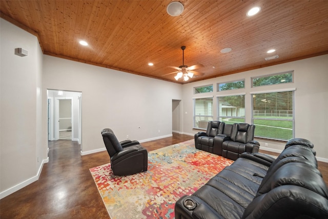 309 County Road 3665 E, Splendora, TX 77372 - living area featuring concrete flooring, wooden ceiling, ceiling fan, baseboards, and recessed lighting