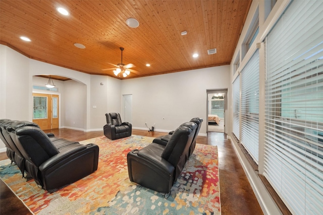 309 County Road 3665 E, Splendora, TX 77372 - living room featuring arched walkways, ceiling fan, recessed lighting, healthy amount of natural light, and wood ceiling