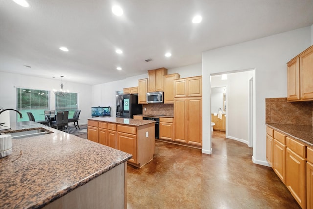 309 County Road 3665 E, Splendora, TX 77372 - kitchen featuring stainless steel microwave, a sink, smart refrigerator, a center island, and decorative backsplash