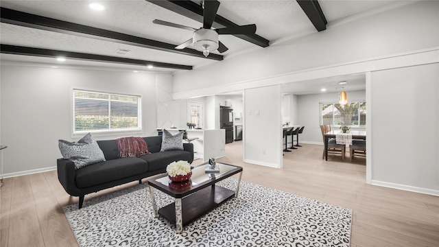 9210 Linkmeadow Ln, Houston, TX 77025 - living area featuring beam ceiling, a ceiling fan, baseboards, recessed lighting, and light wood-type flooring