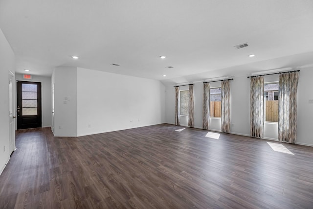9639 Sterling Arbor Dr, Baytown, TX 77521 - unfurnished living room with healthy amount of natural light, recessed lighting, baseboards, and dark wood-style floors