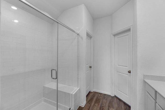 9639 Sterling Arbor Dr, Baytown, TX 77521 - full bath with wood finished floors, a stall shower, and vanity