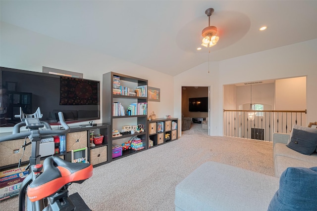 living area featuring ceiling fan, carpet flooring, lofted ceiling, and recessed lighting