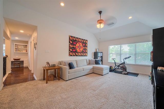 living area with carpet floors, ceiling fan, baseboards, recessed lighting, and vaulted ceiling