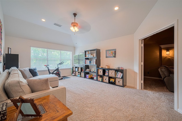 carpeted living area featuring vaulted ceiling, a ceiling fan, baseboards, and recessed lighting