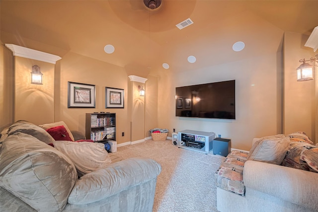living area featuring carpet, lofted ceiling, and baseboards