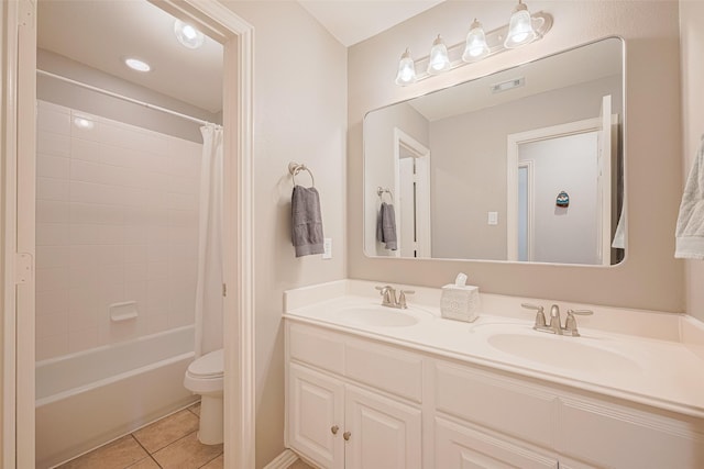 full bath featuring toilet, tile patterned flooring, double vanity, and shower / tub combo with curtain