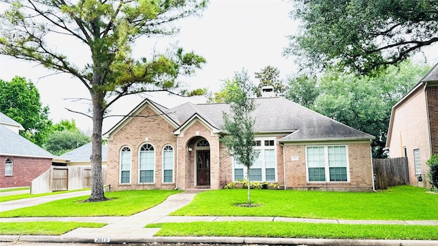 view of front of house featuring brick siding and roof with shingles