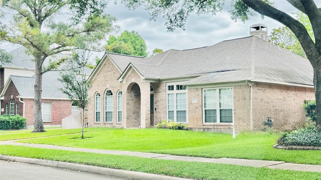 view of front of property with brick siding, a front yard, a shingled roof, and a chimney