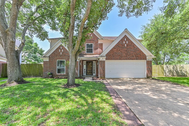 traditional home with brick siding, concrete driveway, and an attached garage