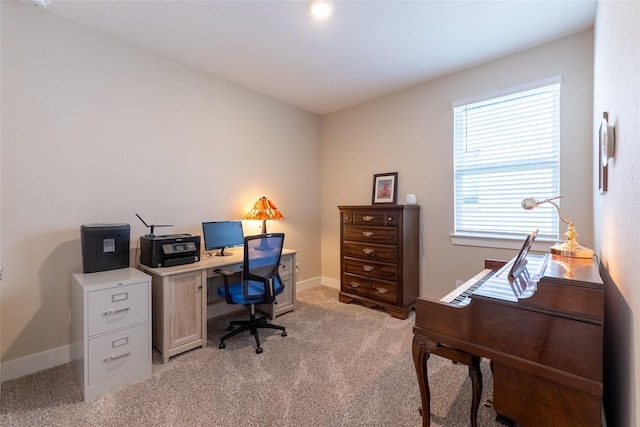 home office with light colored carpet and baseboards