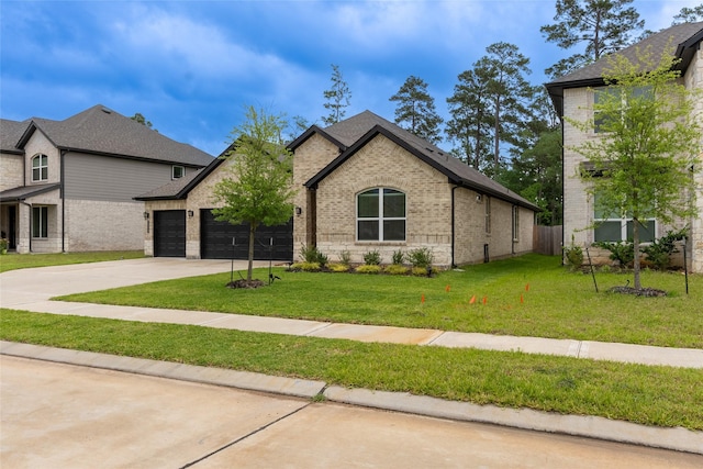 french country style house with brick siding, driveway, an attached garage, and a front lawn