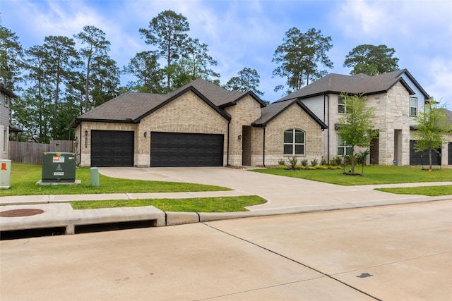 french country inspired facade with an attached garage, brick siding, driveway, and roof with shingles