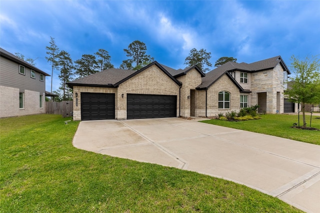 french provincial home with a garage, concrete driveway, brick siding, stone siding, and a shingled roof