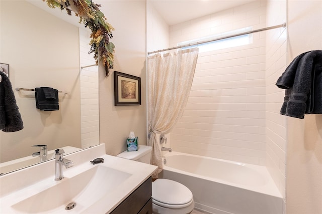 full bathroom featuring toilet, shower / tub combo, and vanity