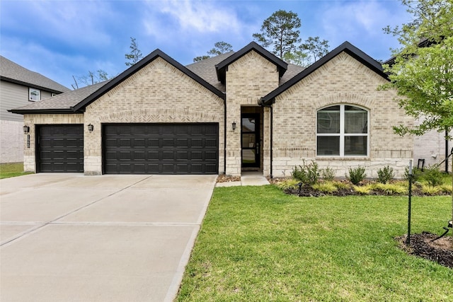 french country inspired facade featuring brick siding, a garage, driveway, a front lawn, and a shingled roof