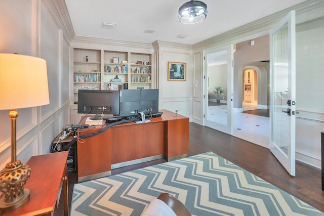 12710 Everhart Pointe Dr, Tomball, TX 77377 - office with french doors, a decorative wall, built in features, wood finished floors, and arched walkways