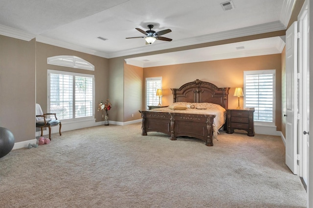 12710 Everhart Pointe Dr, Tomball, TX 77377 - carpeted bedroom with ornamental molding, baseboards, and ceiling fan