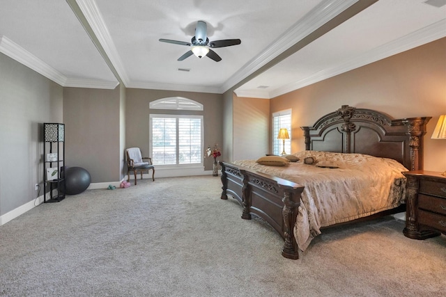 12710 Everhart Pointe Dr, Tomball, TX 77377 - carpeted bedroom with baseboards, ornamental molding, and a ceiling fan