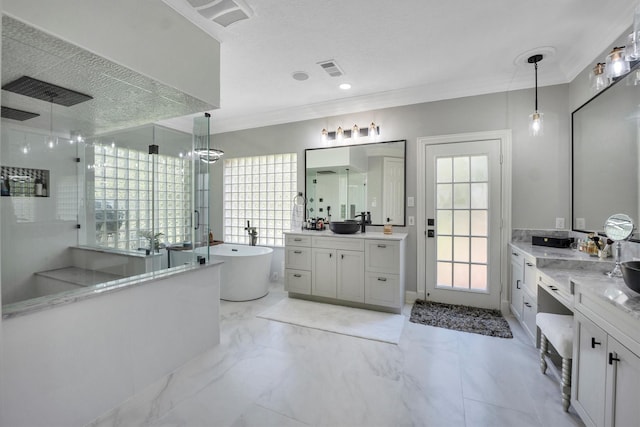 12710 Everhart Pointe Dr, Tomball, TX 77377 - full bathroom featuring a shower stall, crown molding, a freestanding tub, two vanities, and marble finish flooring
